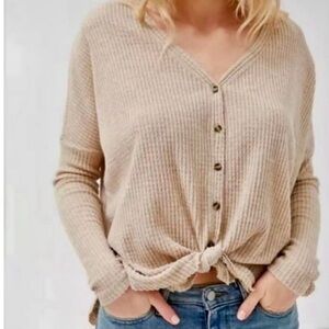 Urban Outfitters Out From Under Jojo Waffle Knit Button Top - Beige size xsmall